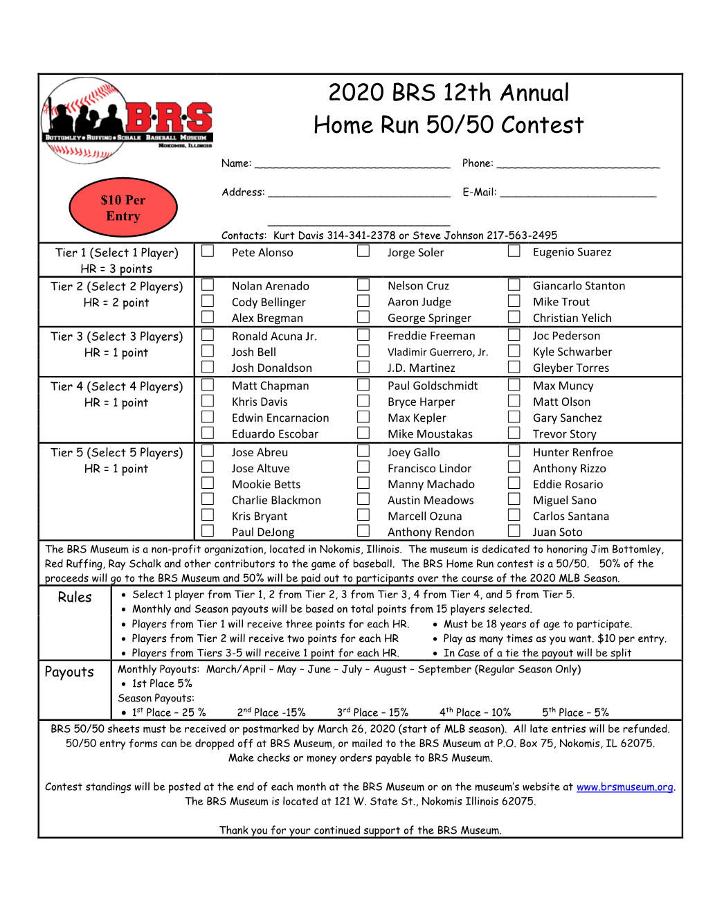 2020 BRS 12Th Annual Home Run 50/50 Contest