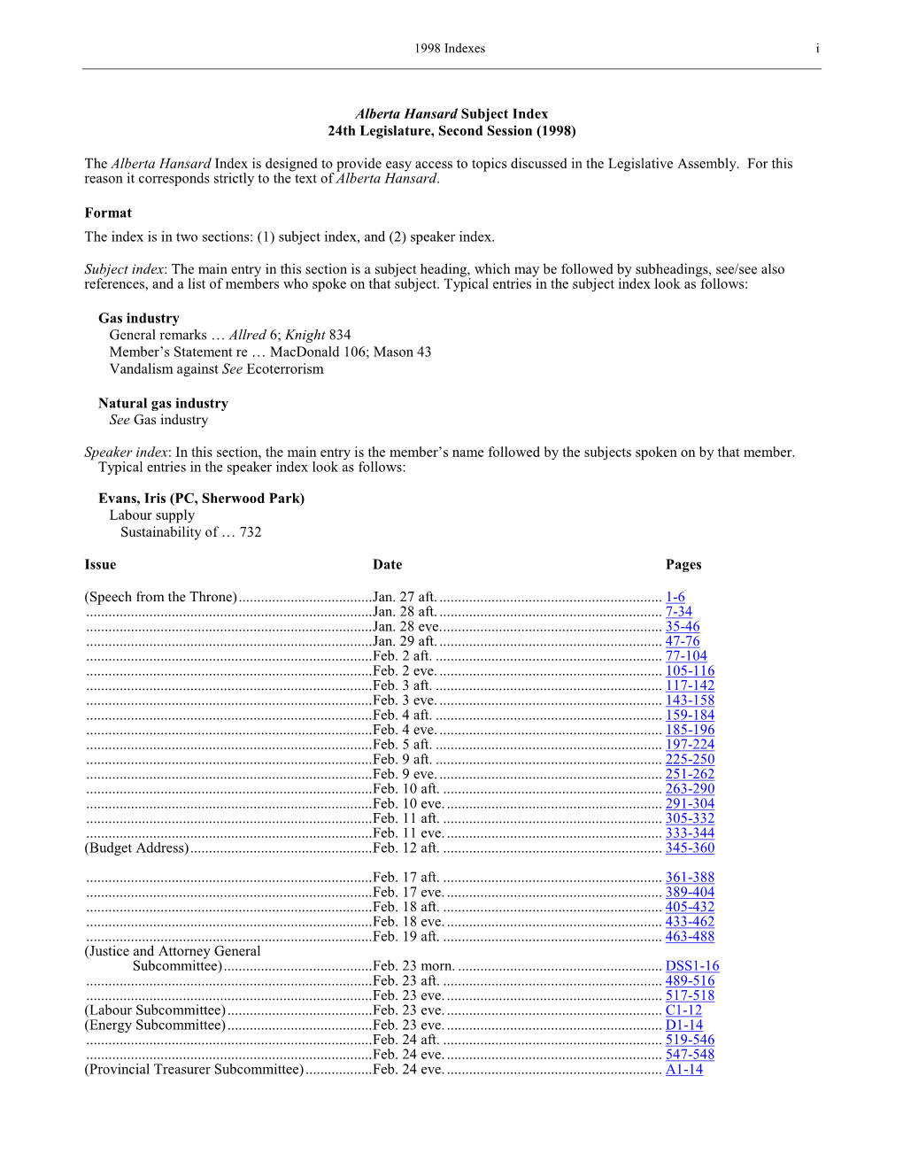 Subject Index 24Th Legislature, Second Session (1998)