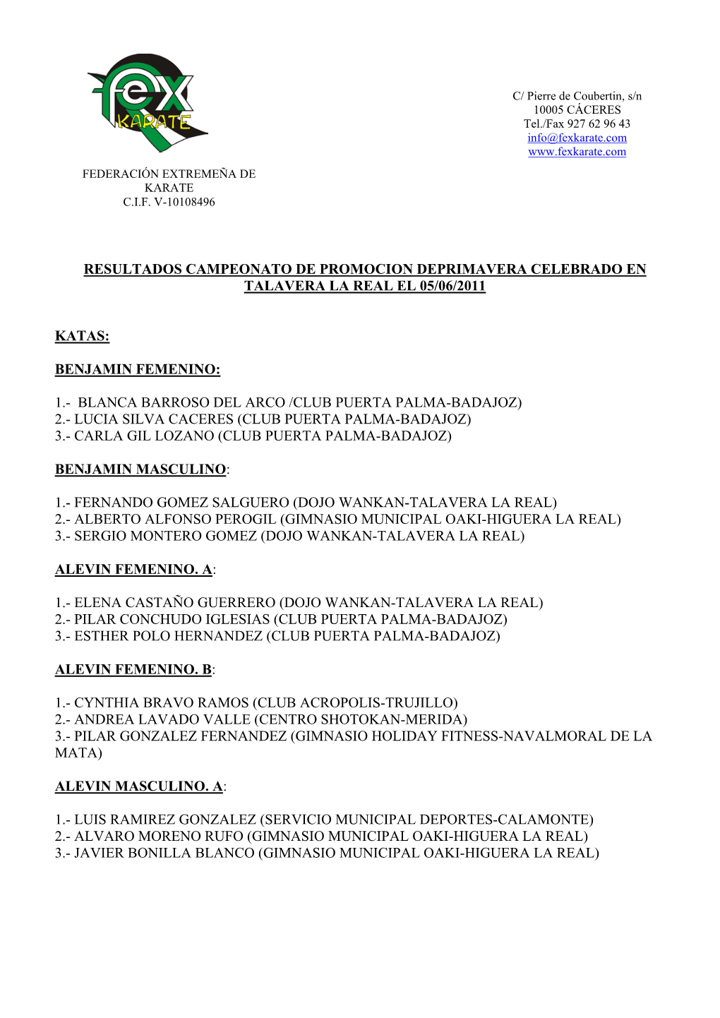 Resultados Campeonato De Promocion Deprimavera Celebrado En Talavera La Real El 05/06/2011
