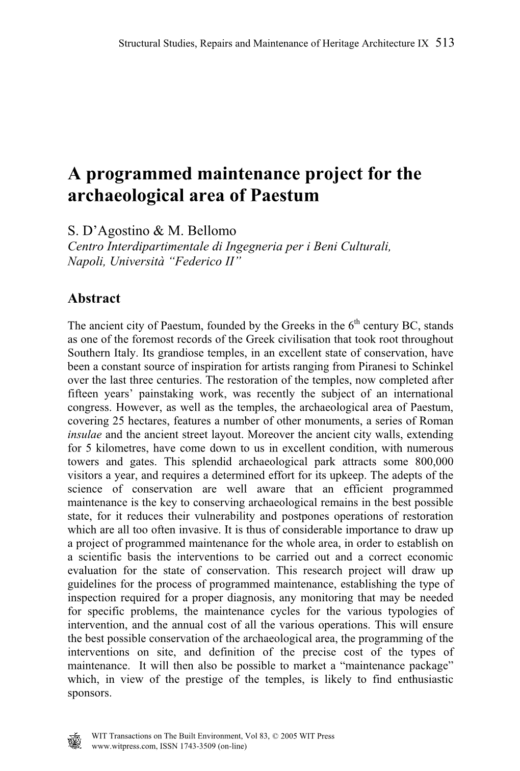 A Programmed Maintenance Project for the Archaeological Area of Paestum