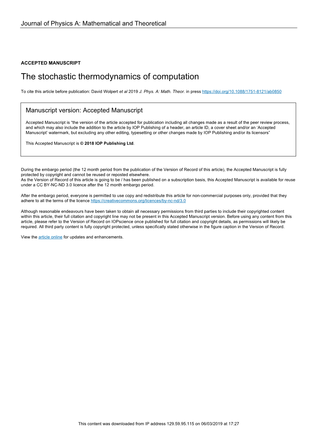 The Stochastic Thermodynamics of Computation