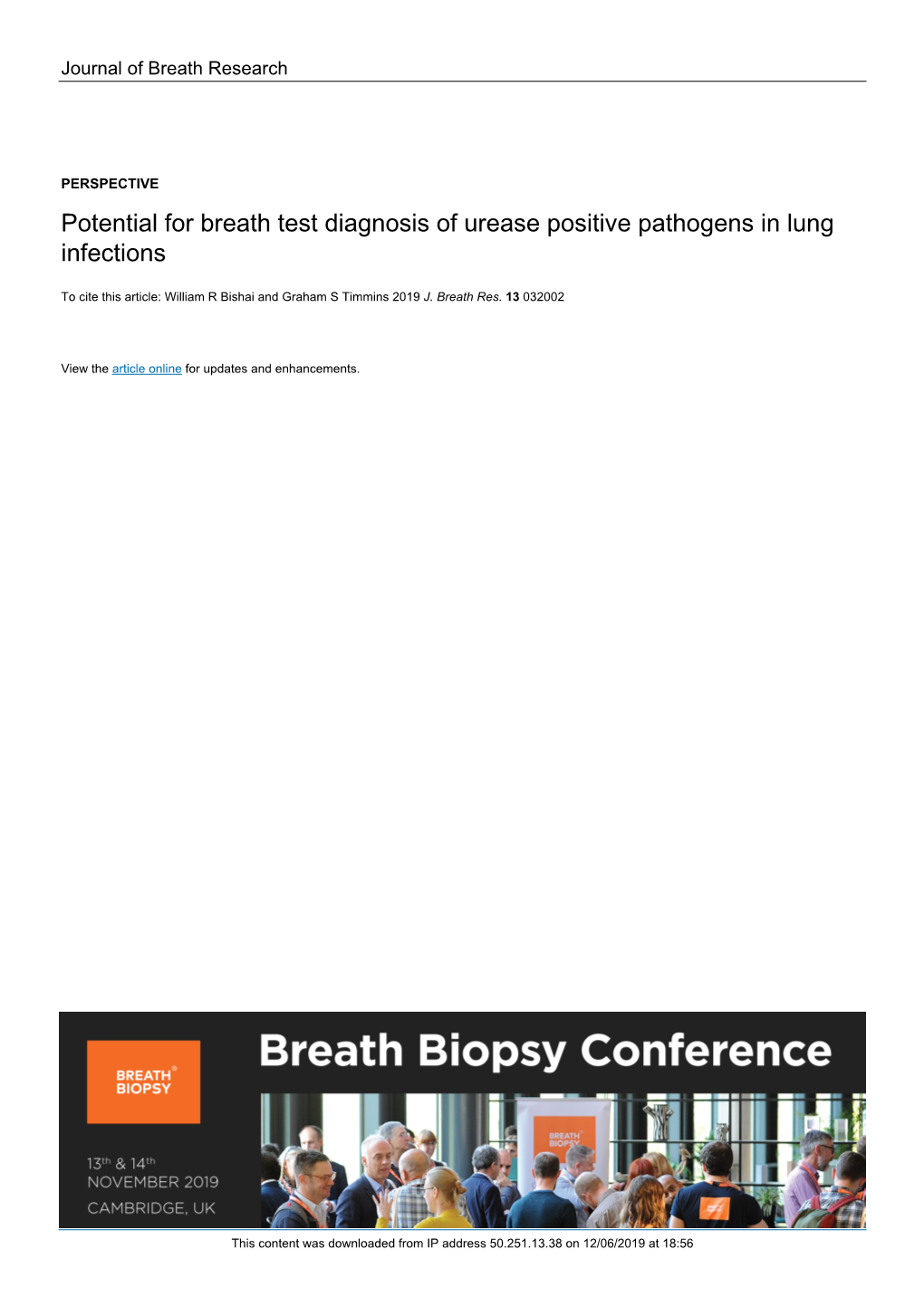 Potential for Breath Test Diagnosis of Urease Positive Pathogens in Lung Infections