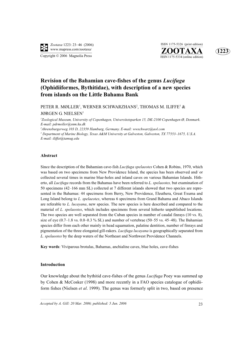 Zootaxa 1223: 23–46 (2006) ISSN 1175-5326 (Print Edition) ZOOTAXA 1223 Copyright © 2006 Magnolia Press ISSN 1175-5334 (Online Edition)