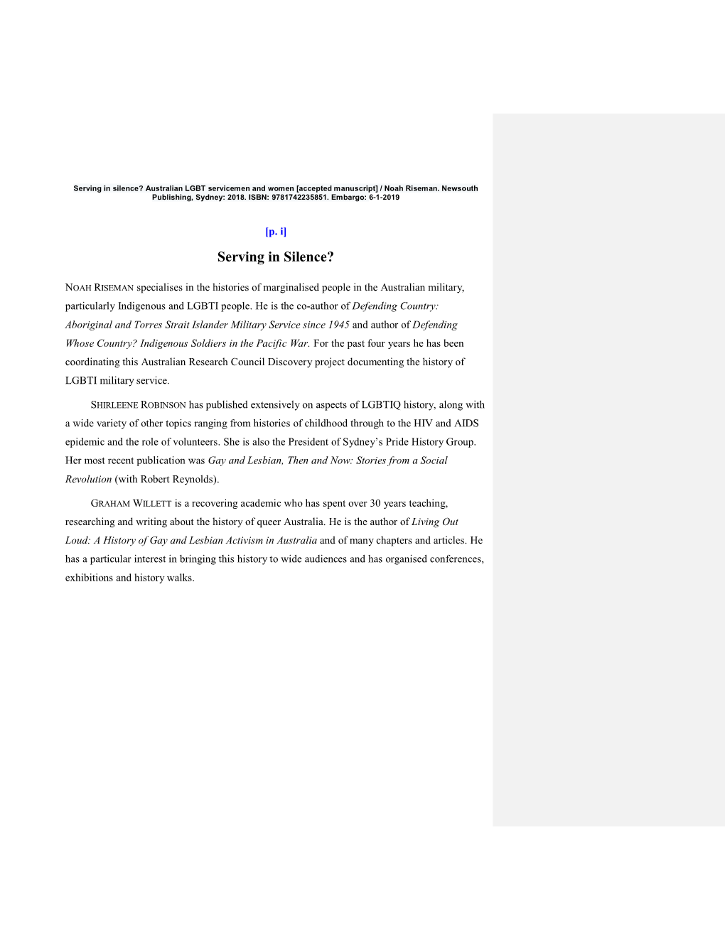 Serving in Silence? Australian LGBT Servicemen and Women [Accepted Manuscript] / Noah Riseman