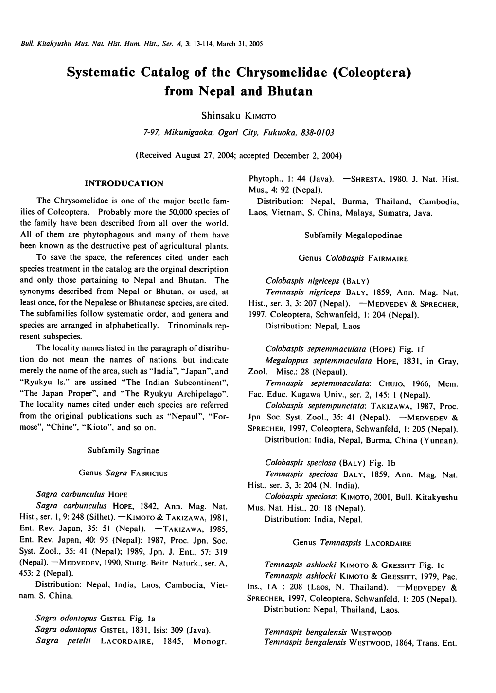 Systematic Catalog of the Chrysomelidae (Coleoptera) from Nepal and Bhutan