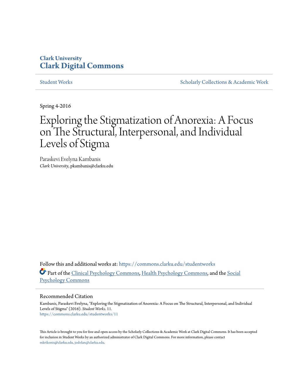 Exploring the Stigmatization of Anorexia: a Focus on the Structural, Interpersonal, And