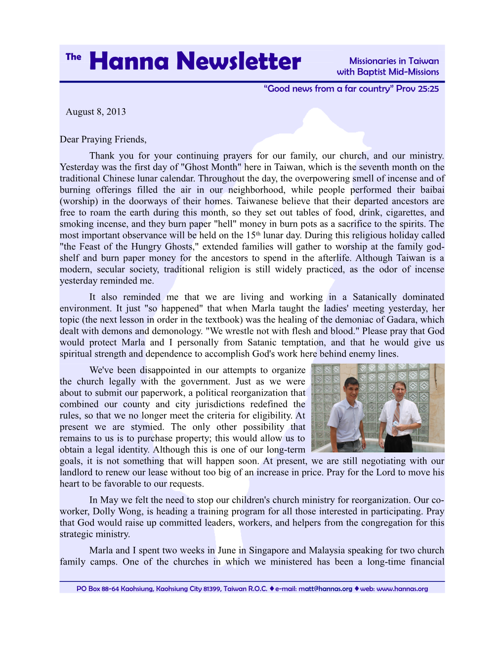 Hanna Newsletter with Baptist Mid-Missions “Good News from a Far Country” Prov 25:25