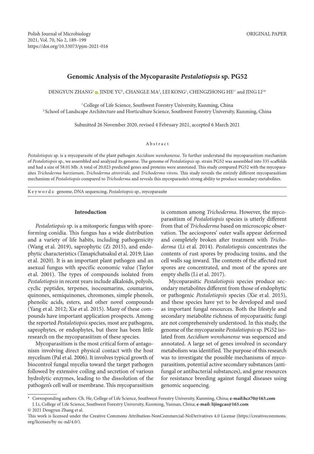 Genomic Analysis of the Mycoparasite Pestalotiopsis Sp. PG52