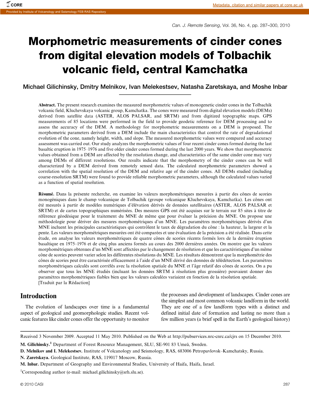 Morphometric Measurements of Cinder Cones from Digital Elevation Models of Tolbachik Volcanic Field, Central Kamchatka