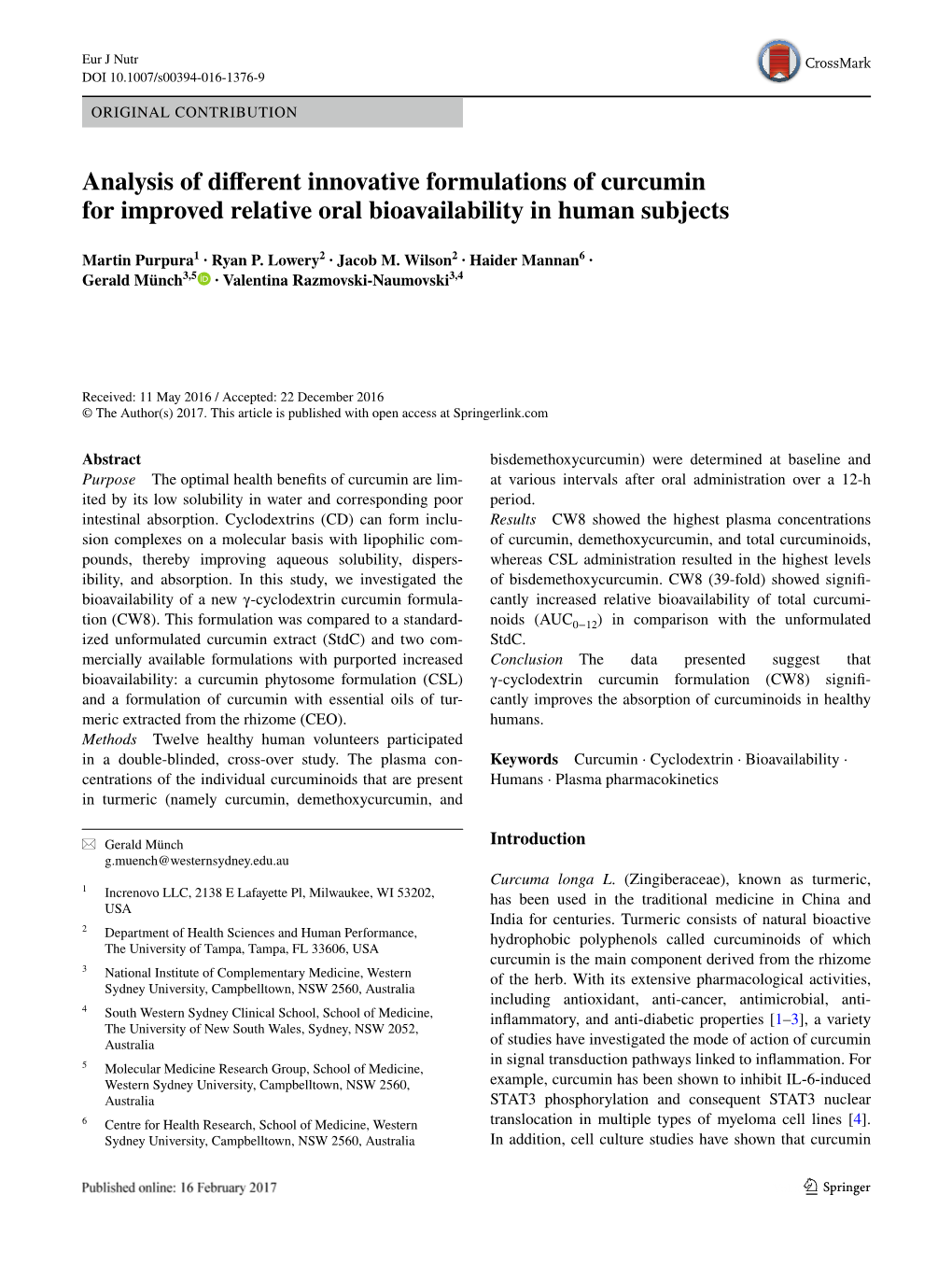 Analysis of Different Innovative Formulations of Curcumin for Improved Relative Oral Bioavailability in Human Subjects