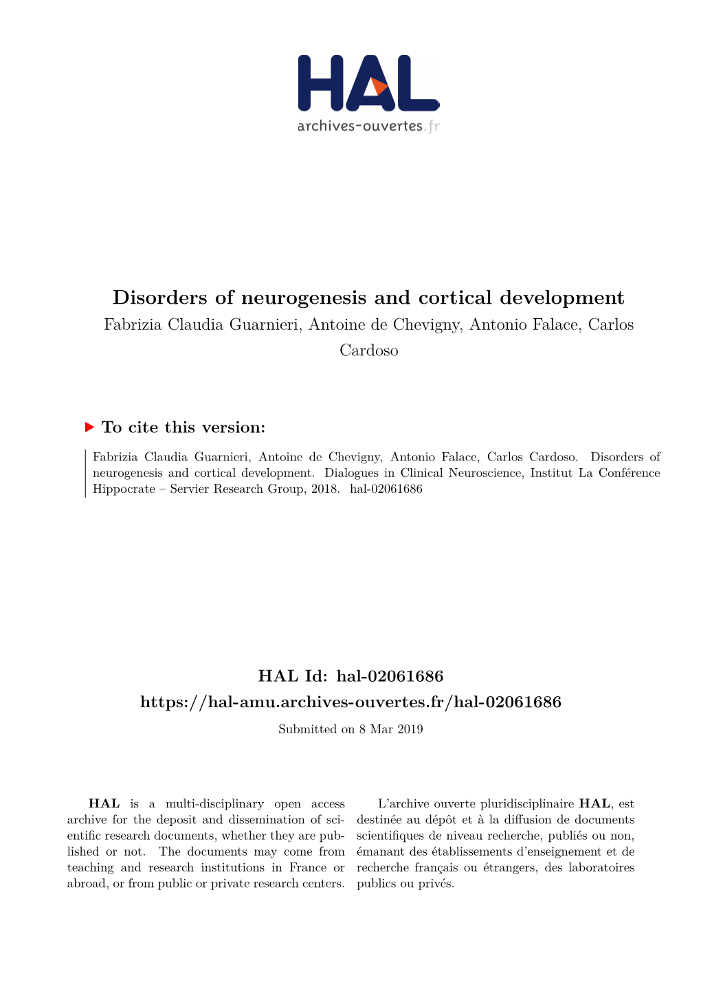 Disorders of Neurogenesis and Cortical Development Fabrizia Claudia Guarnieri, Antoine De Chevigny, Antonio Falace, Carlos Cardoso