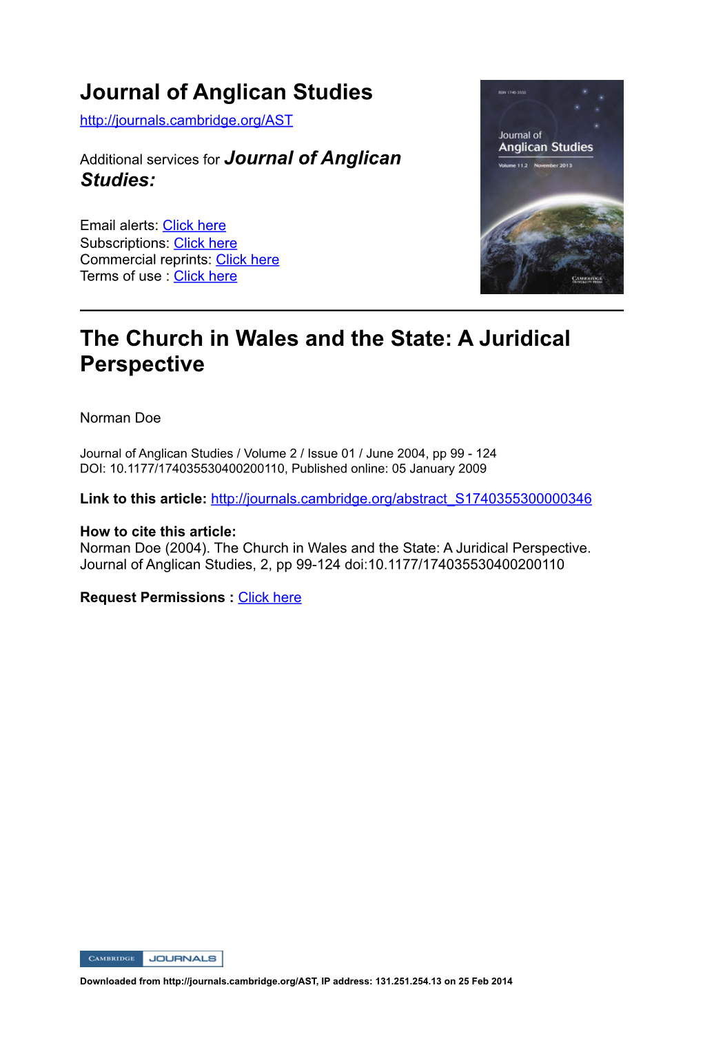 Journal of Anglican Studies the Church in Wales and the State: A