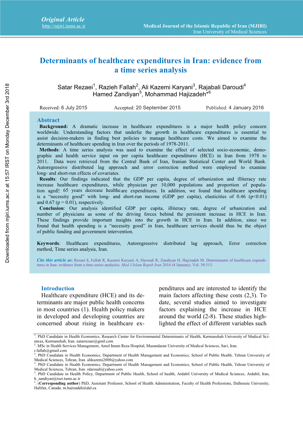 Determinants of Healthcare Expenditures in Iran: Evidence from a Time Series Analysis