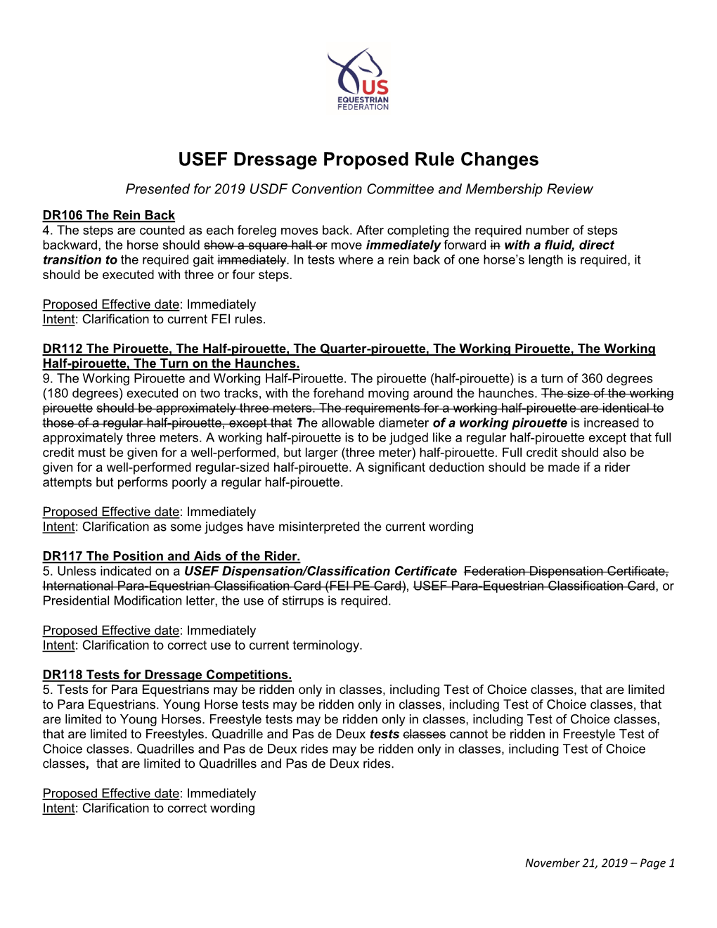 USEF Dressage Proposed Rule Changes Presented for 2019 USDF Convention Committee and Membership Review