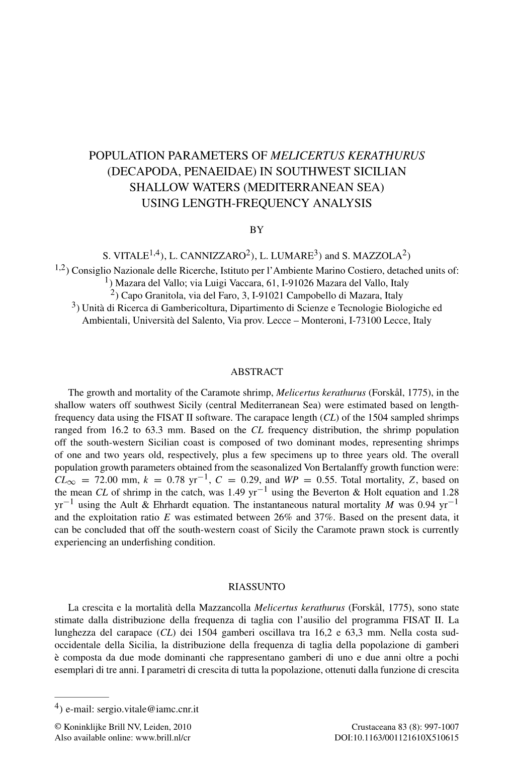 Population Parameters of Melicertus Kerathurus (Decapoda, Penaeidae) in Southwest Sicilian Shallow Waters (Mediterranean Sea) Using Length-Frequency Analysis