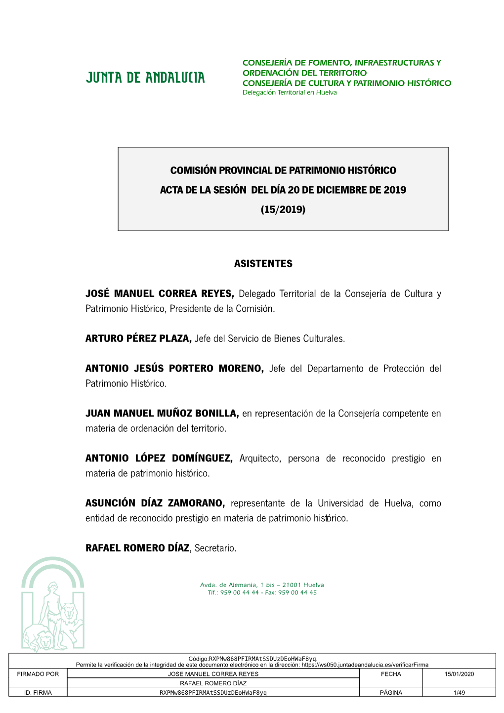 Comisión Provincial De Patrimonio Histórico Acta De La Sesión Del Día 20 De Diciembre De 2019 (15/2019)