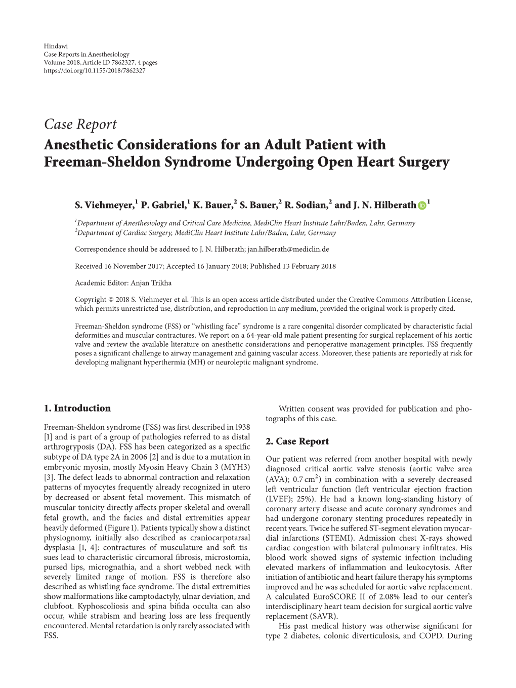 Case Report Anesthetic Considerations for an Adult Patient with Freeman-Sheldon Syndrome Undergoing Open Heart Surgery