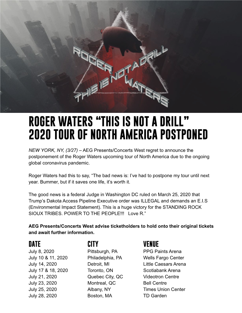 Roger Waters “This Is Not a Drill” 2020 Tour of North America Postponed