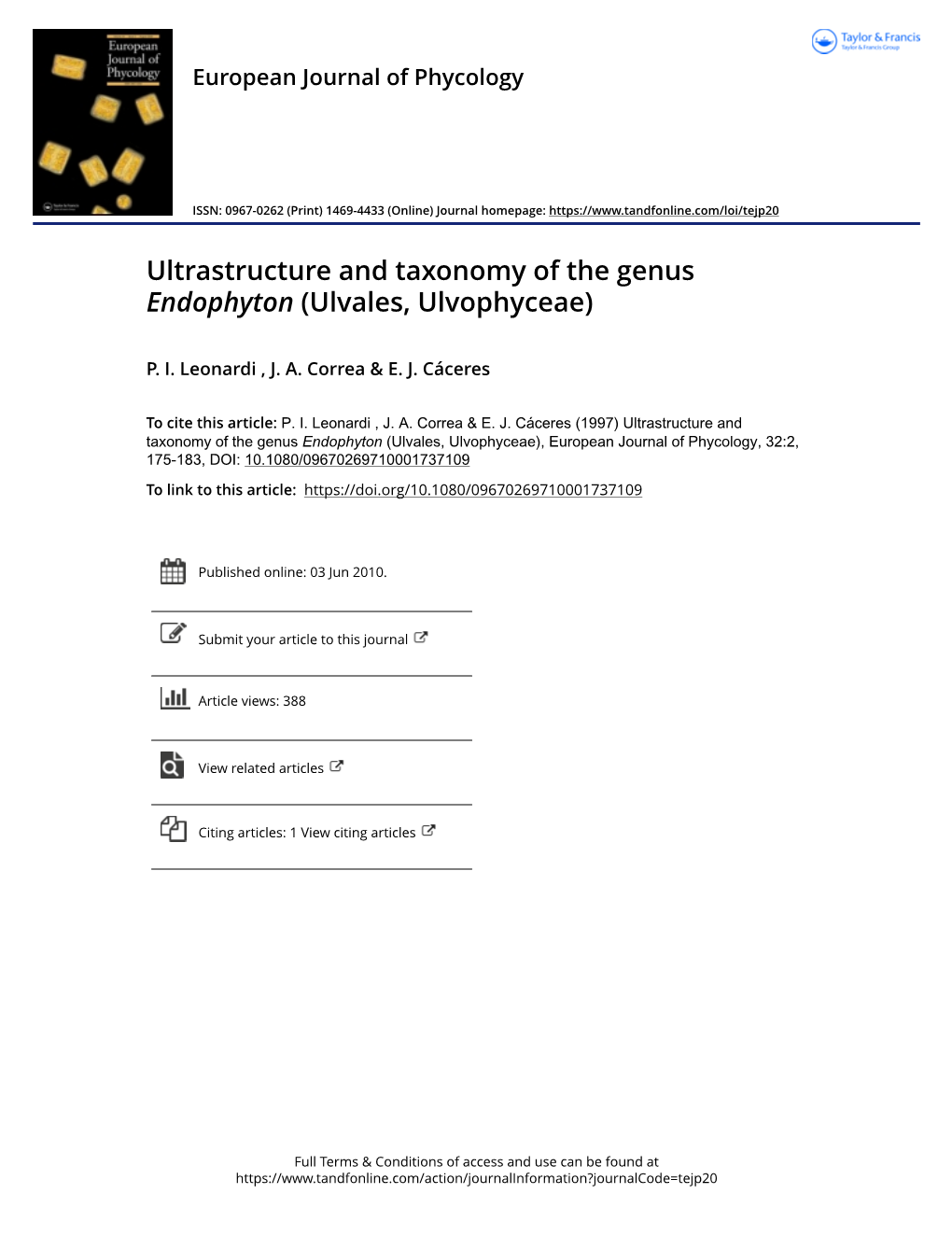 Ultrastructure and Taxonomy of the Genus Endophyton (Ulvales, Ulvophyceae)