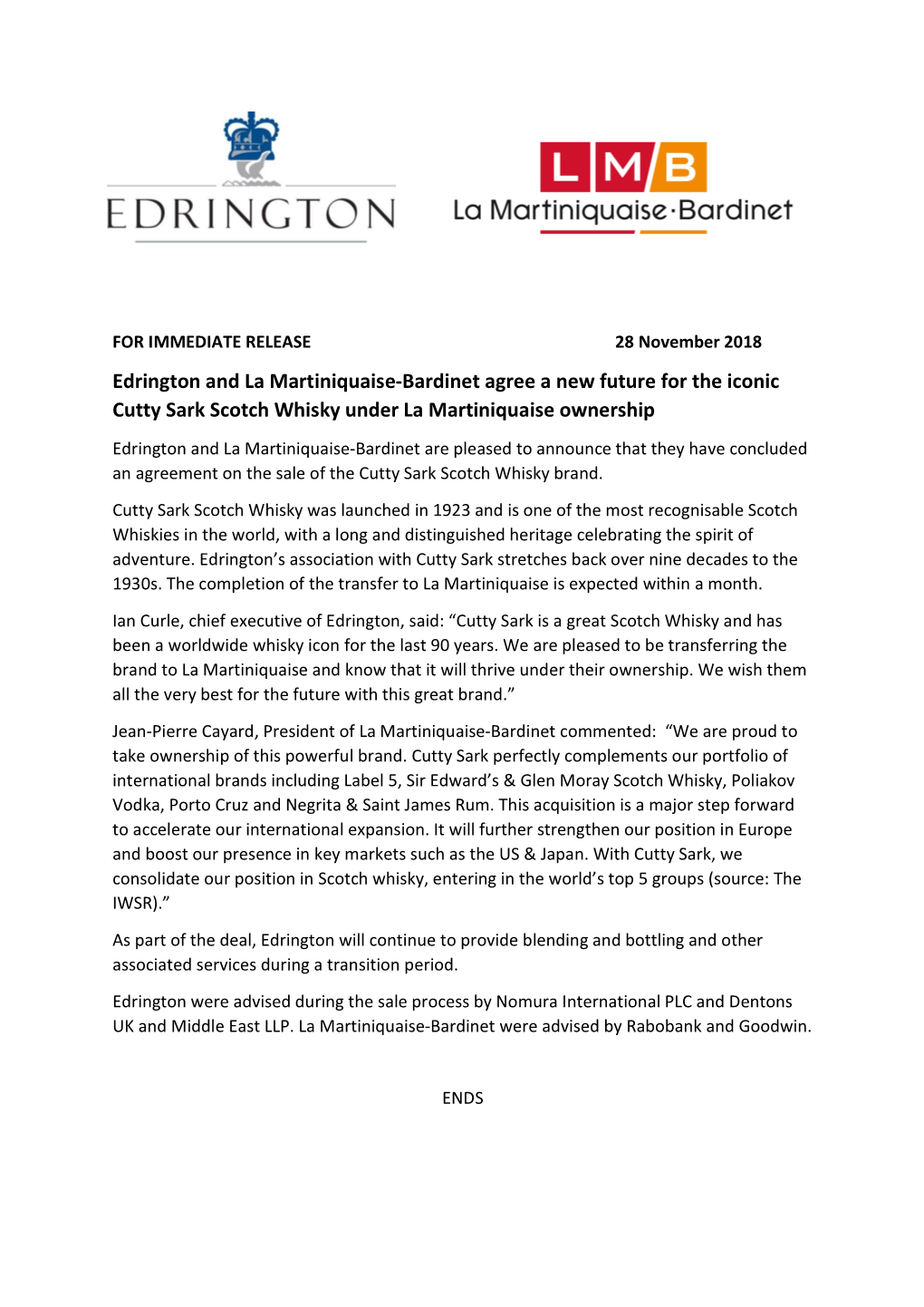 Edrington and La Martiniquaise-Bardinet Agree a New