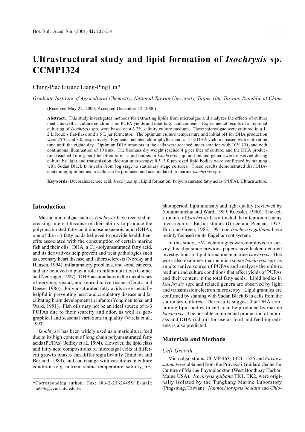 Ultrastructural Study and Lipid Formation of Isochrysis Sp. CCMP1324