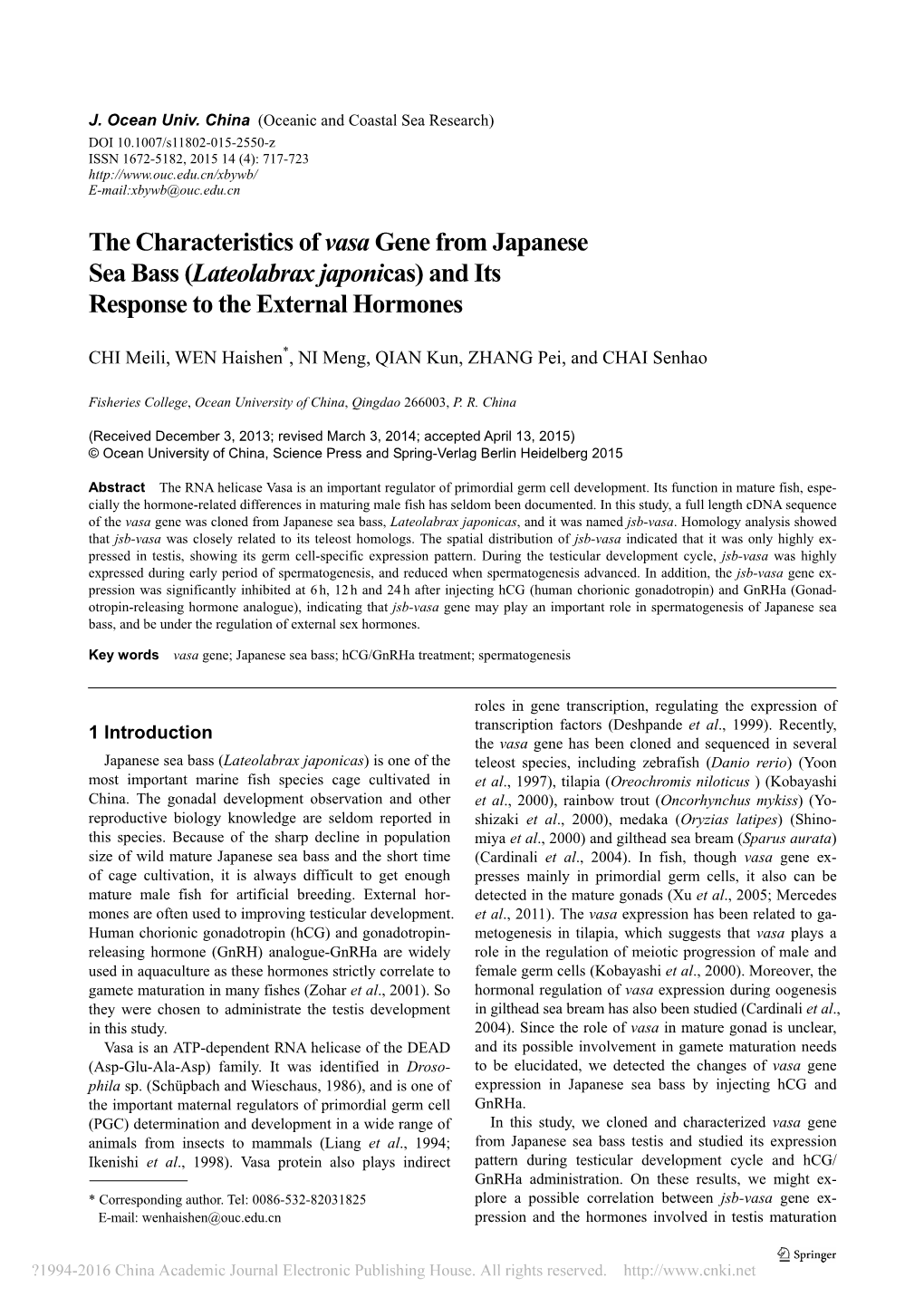 The Characteristics of Vasa Gene from Japanese Sea Bass (Lateolabrax Japonicas) and Its Response to the External Hormones