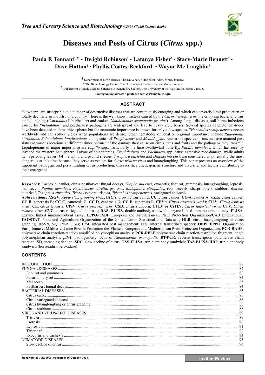 Diseases and Pests of Citrus (Citrus Spp.)