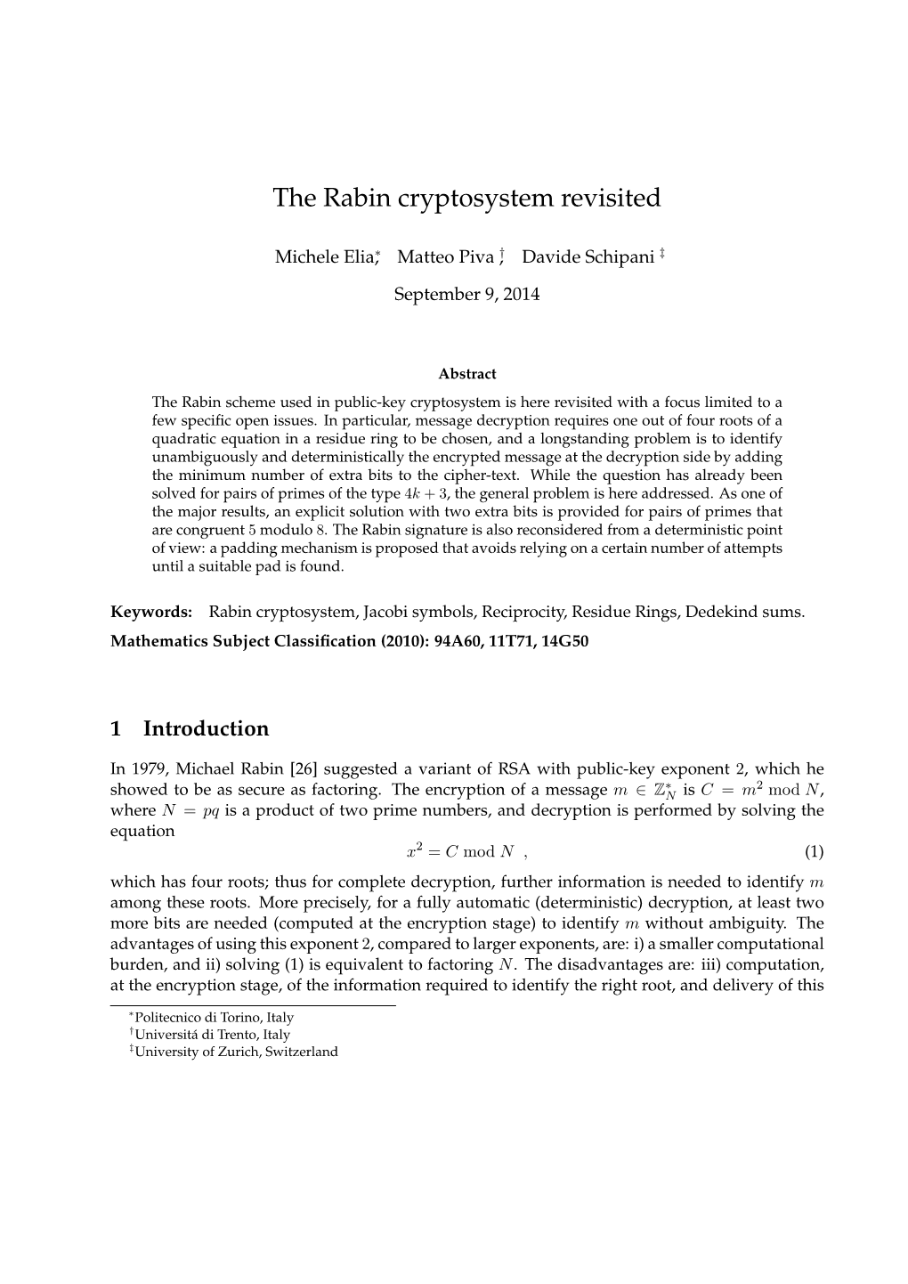 The Rabin Cryptosystem Revisited