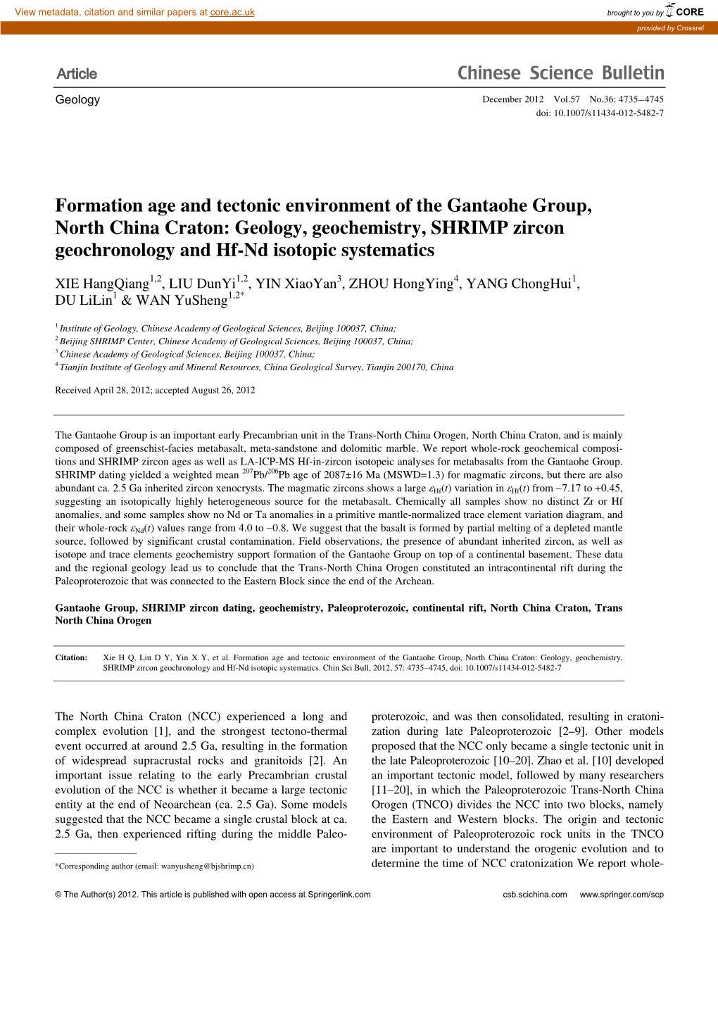 Formation Age and Tectonic Environment of the Gantaohe Group, North China Craton: Geology, Geochemistry, SHRIMP Zircon Geochronology and Hf-Nd Isotopic Systematics