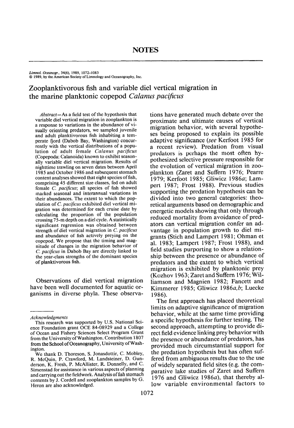 Zooplanktivorous Fish and Variable Diel Vertical Migration in the Marine Planktonic Copepod Calanus Paczfzcus