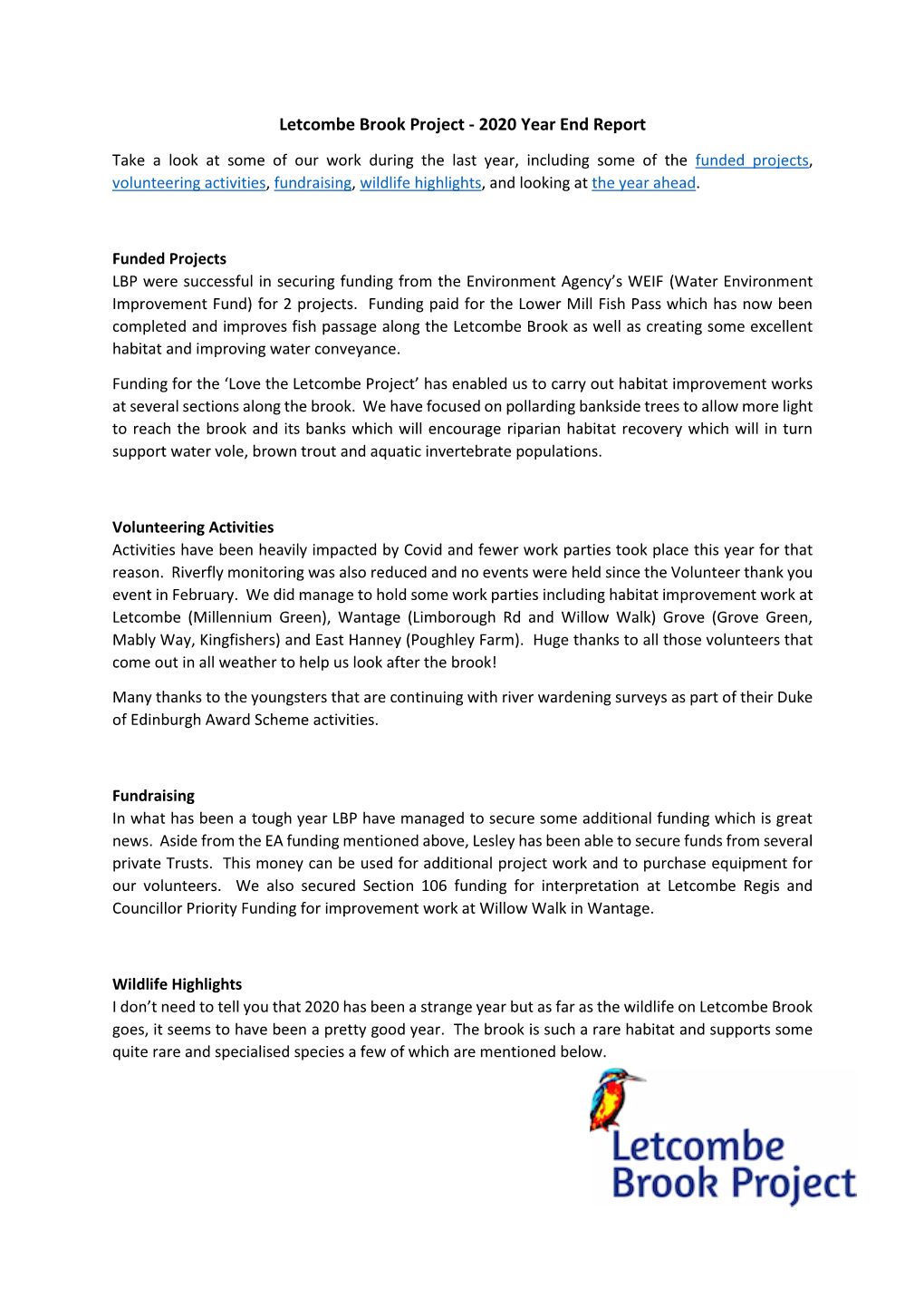 2020.02.03 Letcombe Brook Project End of Year 2020 Report