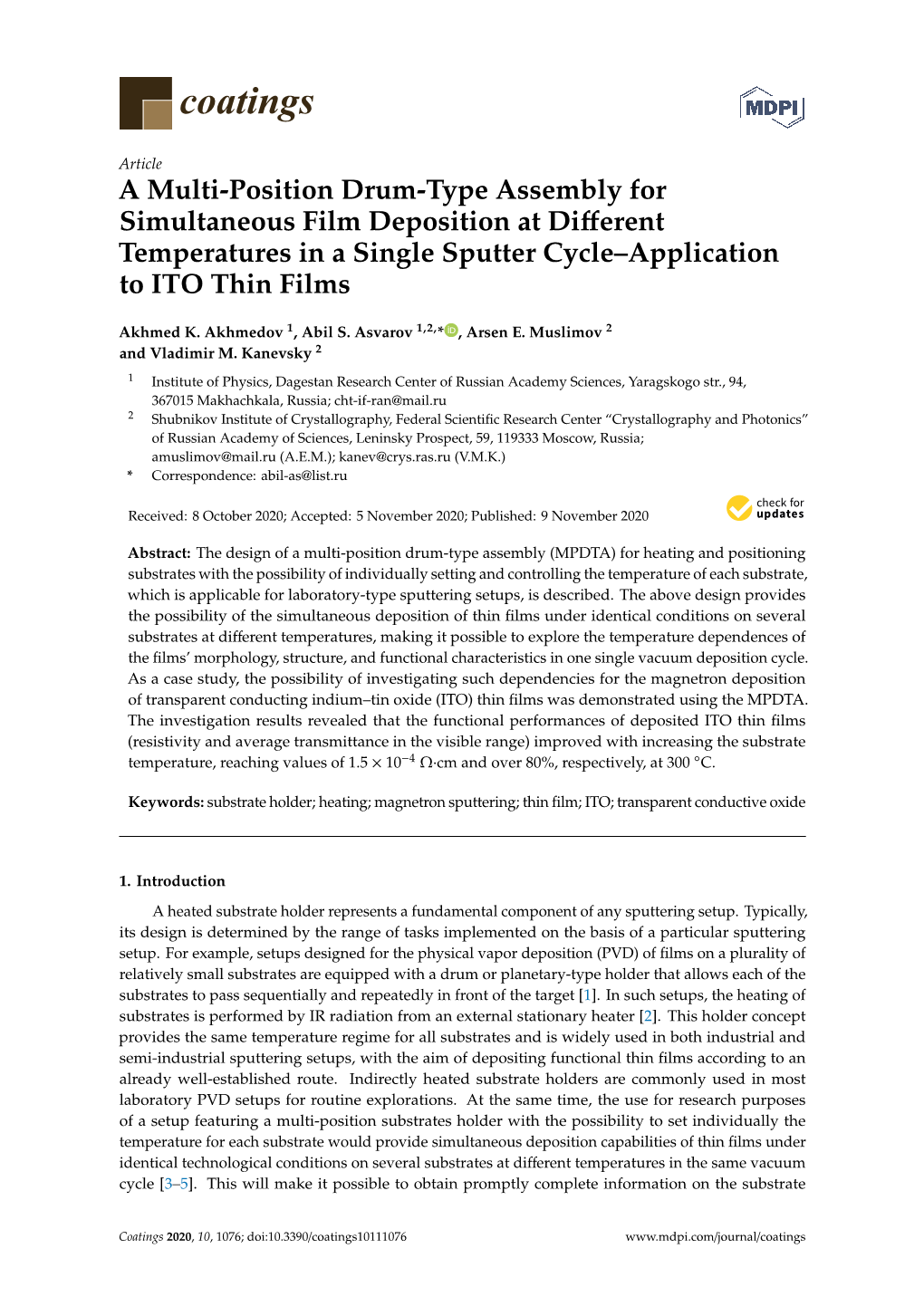 A Multi-Position Drum-Type Assembly for Simultaneous Film Deposition at Diﬀerent Temperatures in a Single Sputter Cycle–Application to ITO Thin Films