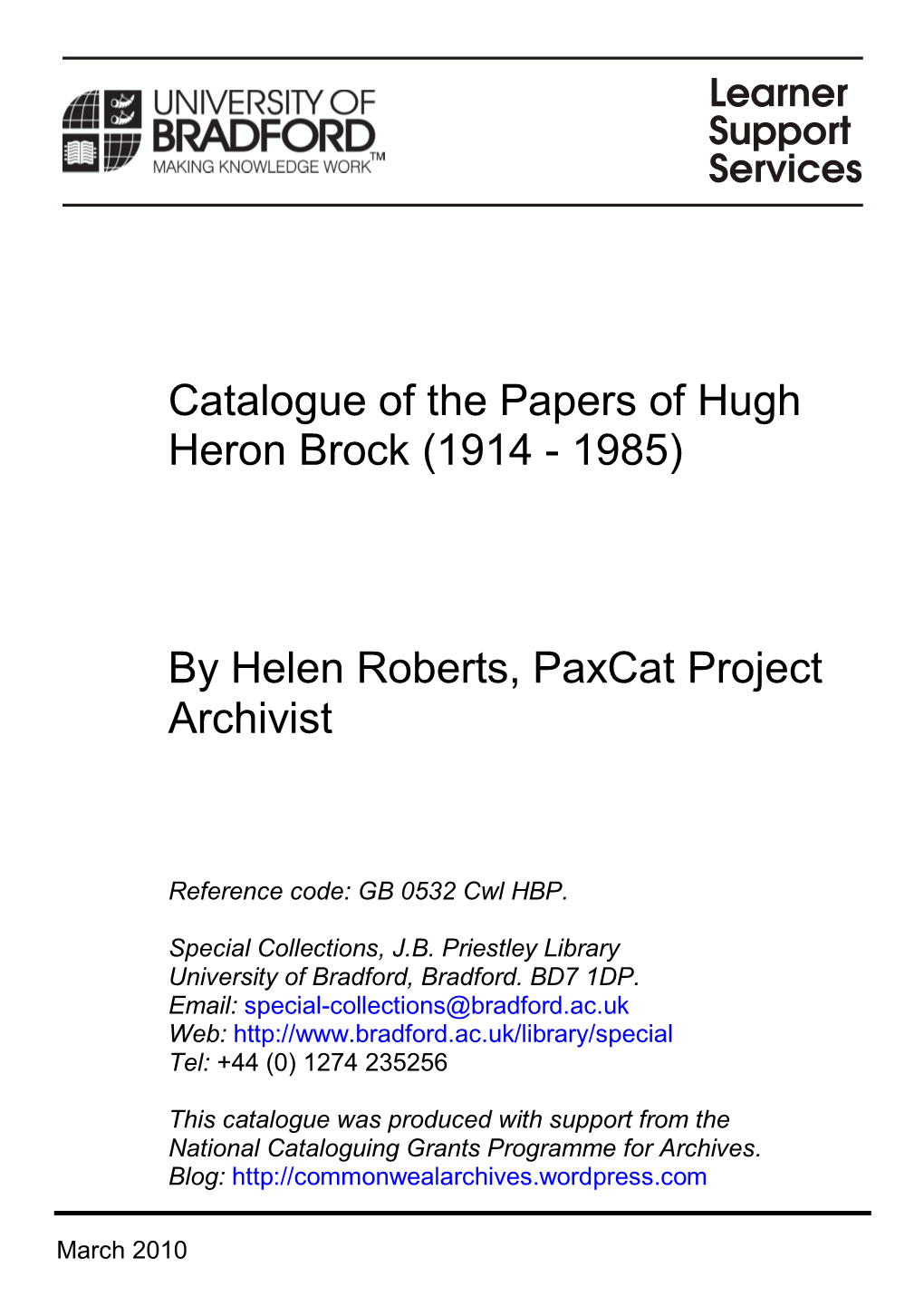 Catalogue of the Papers of Hugh Brock