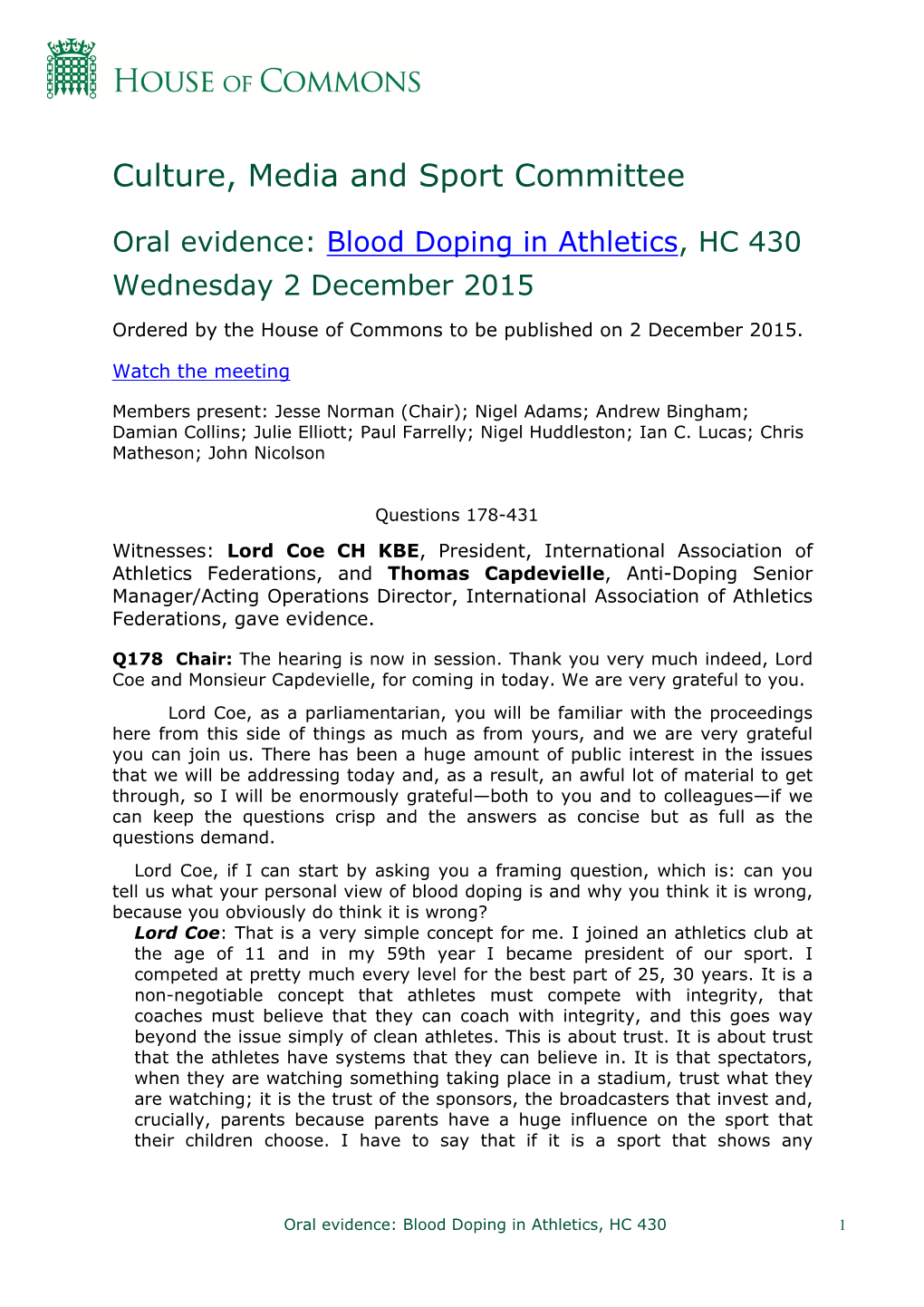 Oral Evidence: Blood Doping in Athletics, HC 430 Wednesday 2 December 2015