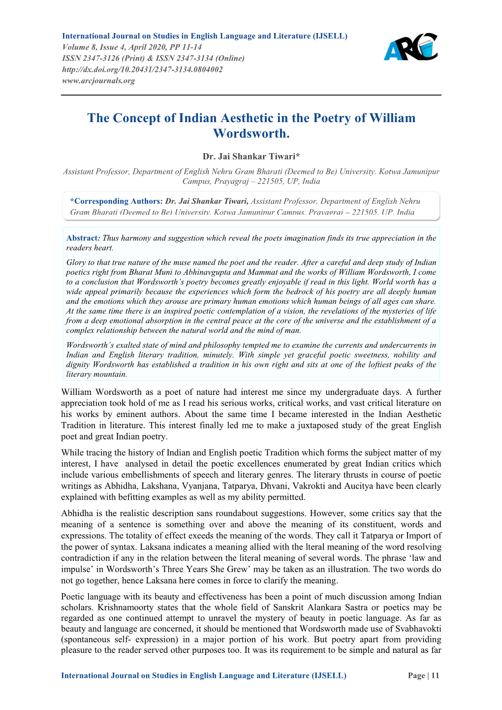 The Concept of Indian Aesthetic in the Poetry of William Wordsworth