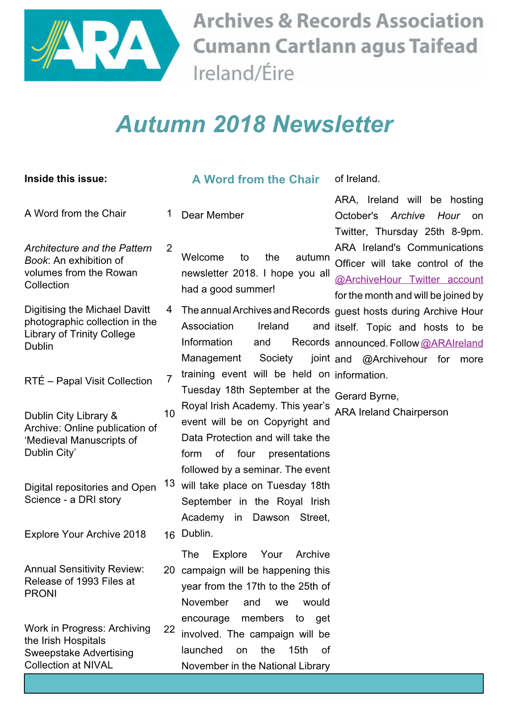 Autumn 2018 Newsletter