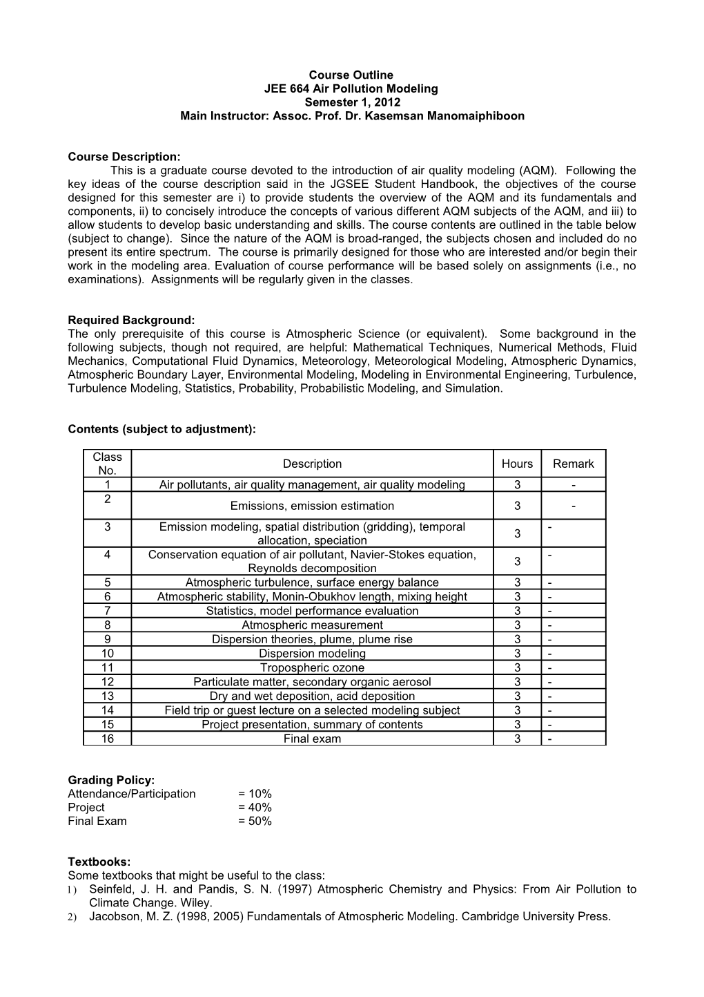 JEE 664 Air Pollution Modeling