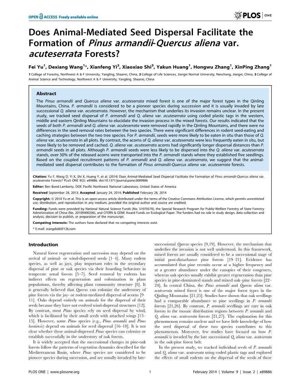 Does Animal-Mediated Seed Dispersal Facilitate the Formation of Pinus Armandii-Quercus Aliena Var