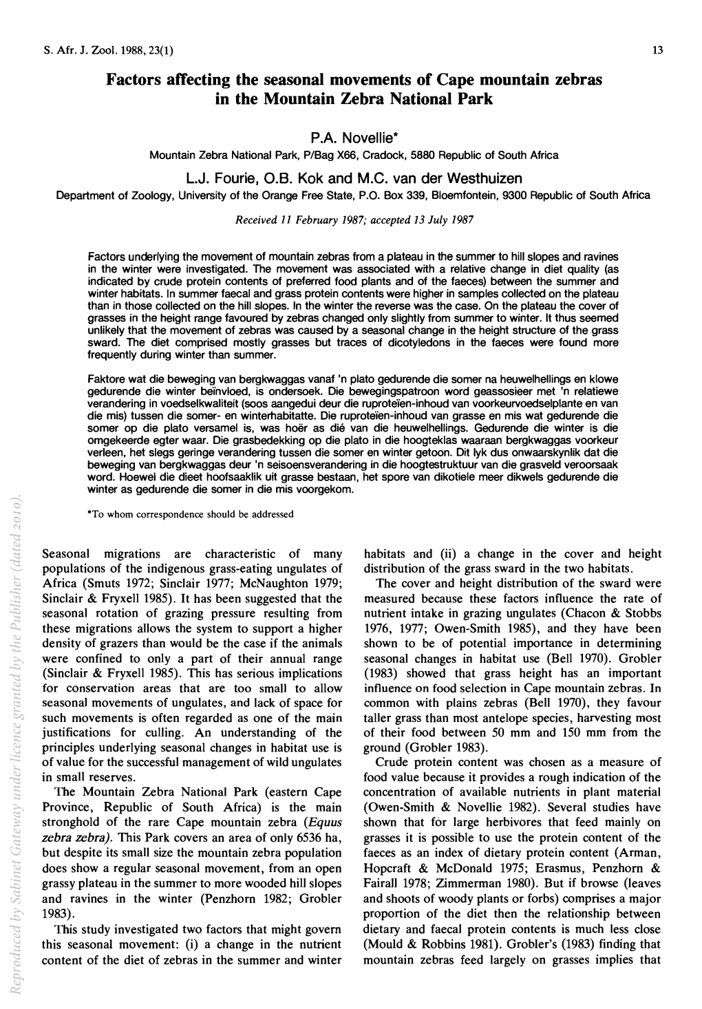 Factors Affecting the Seasonal Movements of Cape Mountain Zebras in the Mountain Zebra National Park