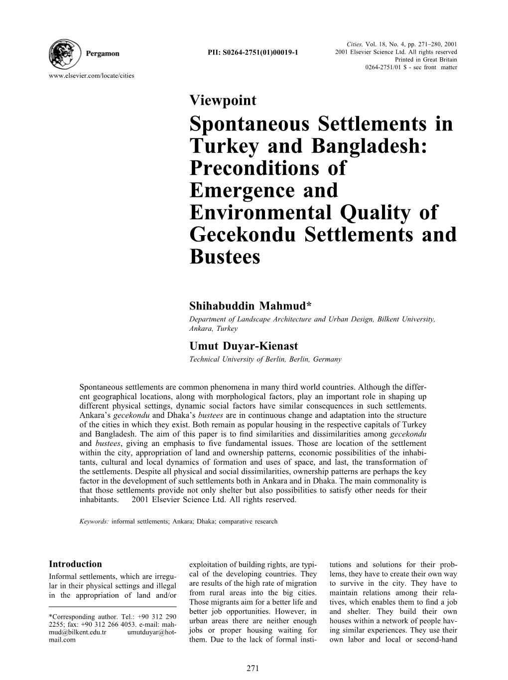 Spontaneous Settlements in Turkey and Bangladesh: Preconditions of Emergence and Environmental Quality of Gecekondu Settlements and Bustees