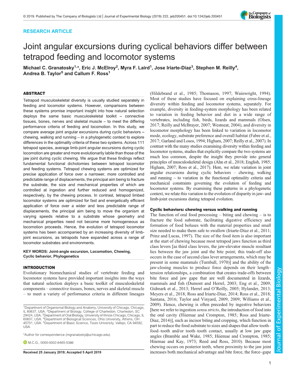 Joint Angular Excursions During Cyclical Behaviors Differ Between Tetrapod Feeding and Locomotor Systems Michael C