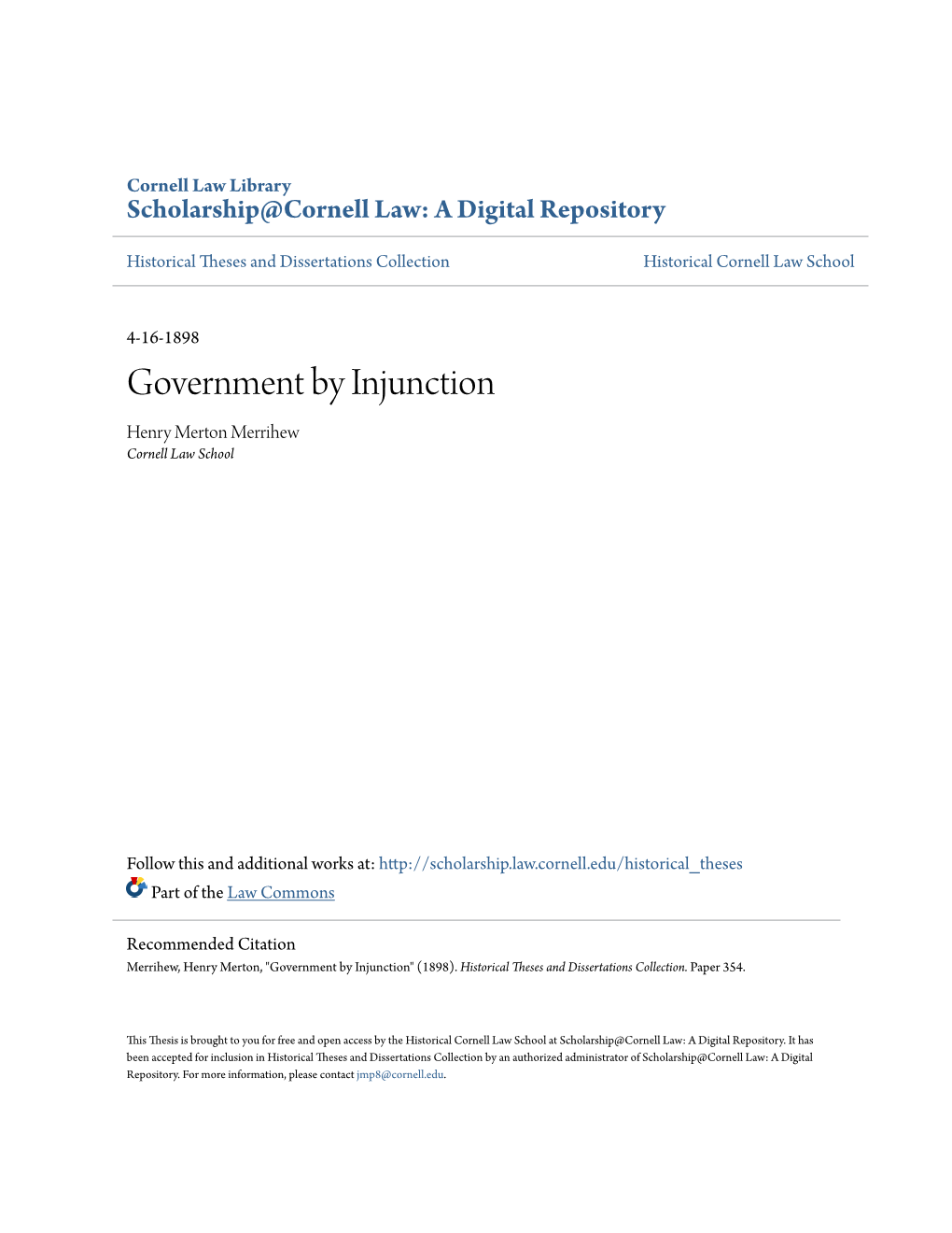 Government by Injunction Henry Merton Merrihew Cornell Law School