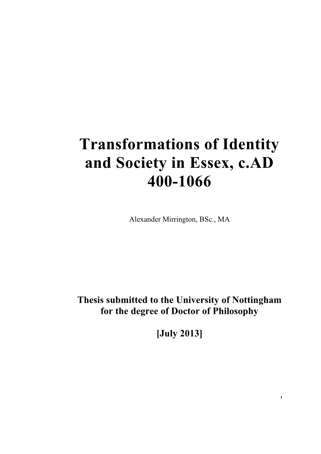 Transformations of Identity and Society in Essex, C.AD 400-1066