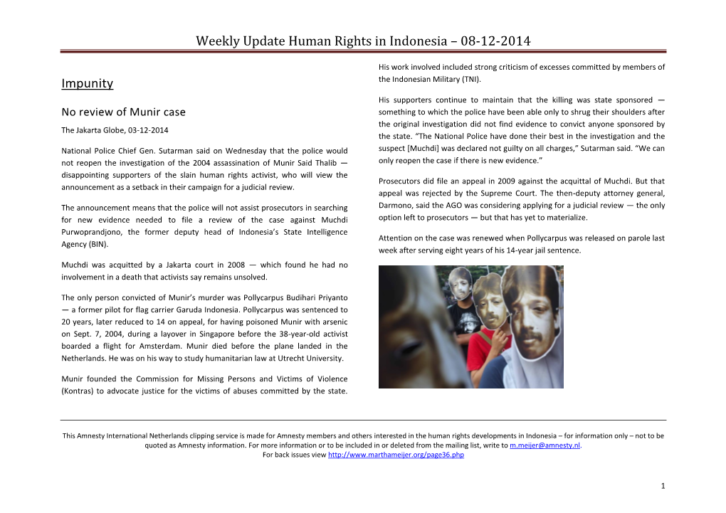 Weekly Update Human Rights in Indonesia – 08-12-2014 Impunity