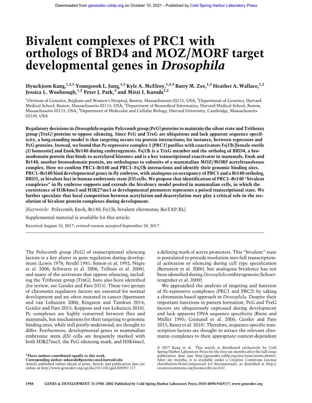 Bivalent Complexes of PRC1 with Orthologs of BRD4 and MOZ/MORF Target Developmental Genes in Drosophila