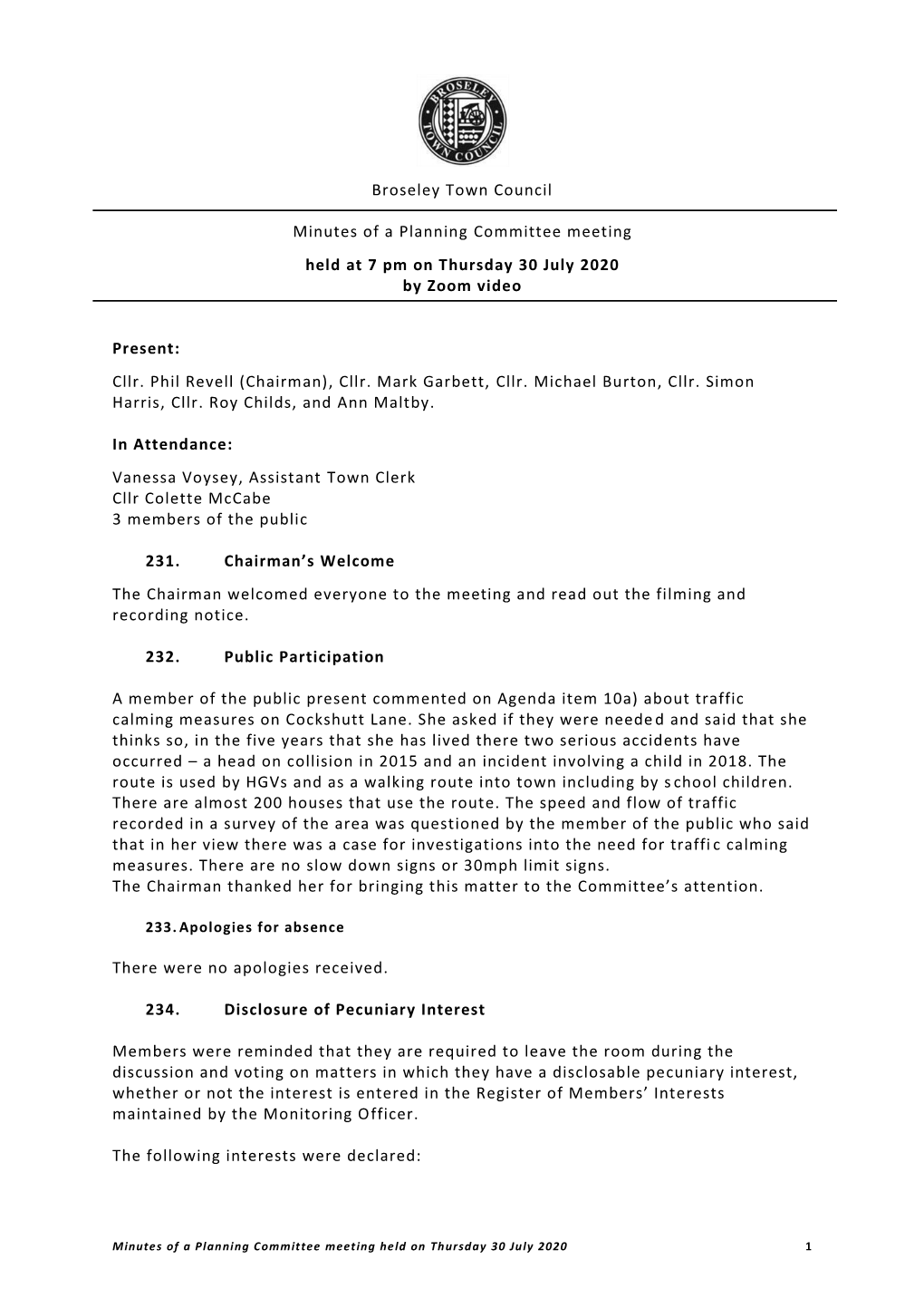 Broseley Town Council Minutes of a Planning Committee Meeting Held