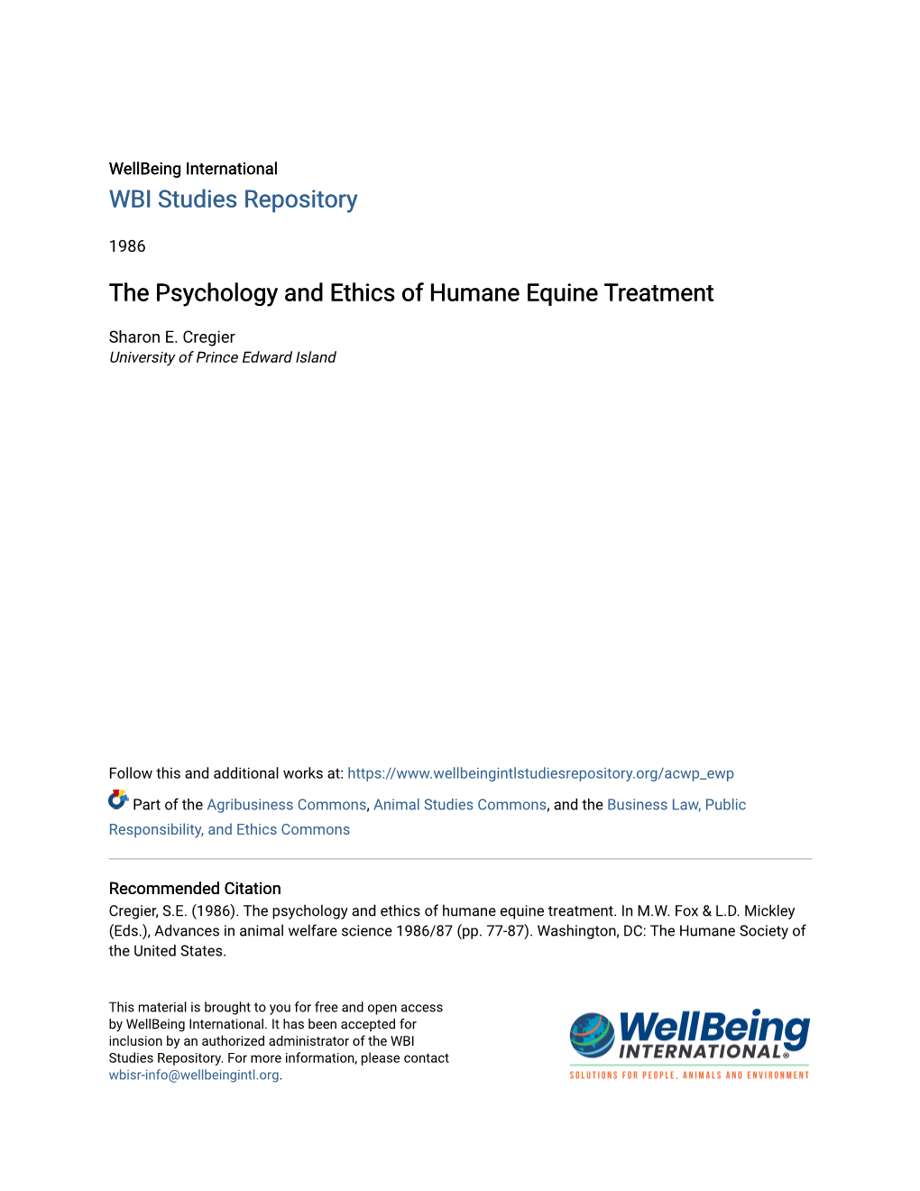 The Psychology and Ethics of Humane Equine Treatment