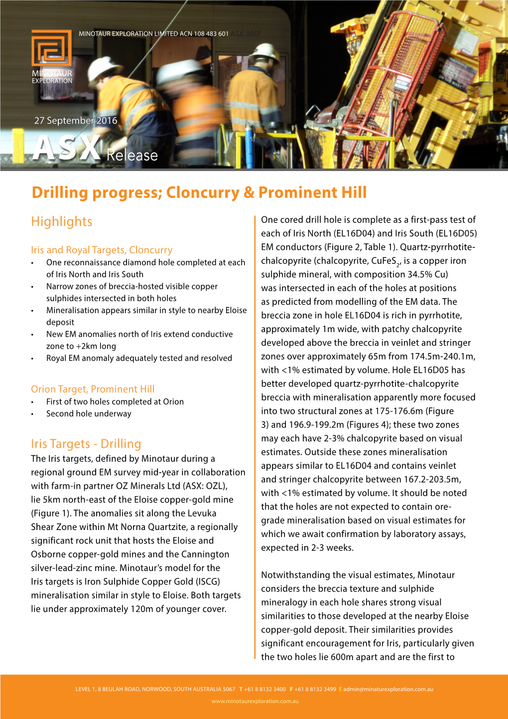 Drilling Progress; Cloncurry & Prominent Hill Release