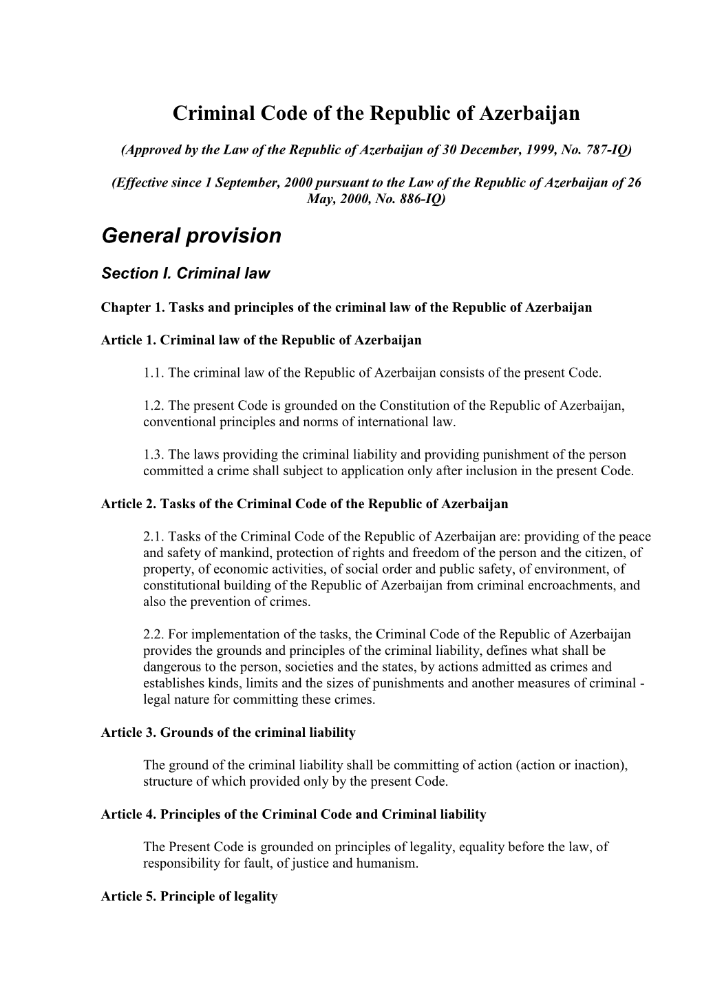 Criminal Code of the Republic of Azerbaijan General Provision