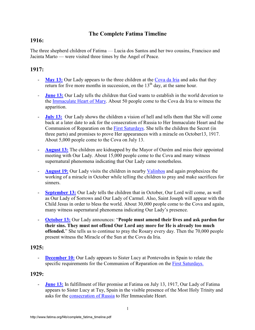 The Complete Fatima Timeline 1916